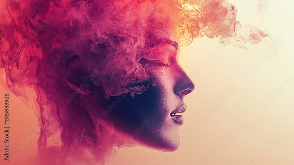 Fototapeta premium Abstract Portrait of a Woman in Profile with Vibrant Pink and Orange Smoke