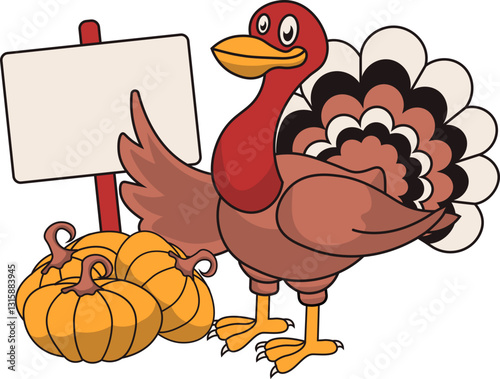 Thanksgiving Turkey Character with Cute Cartoon Design. Vector Illustration.