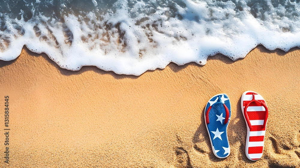Naklejka premium Patriotic Summer Beach Scene: Flip-Flops on Sandy Shore