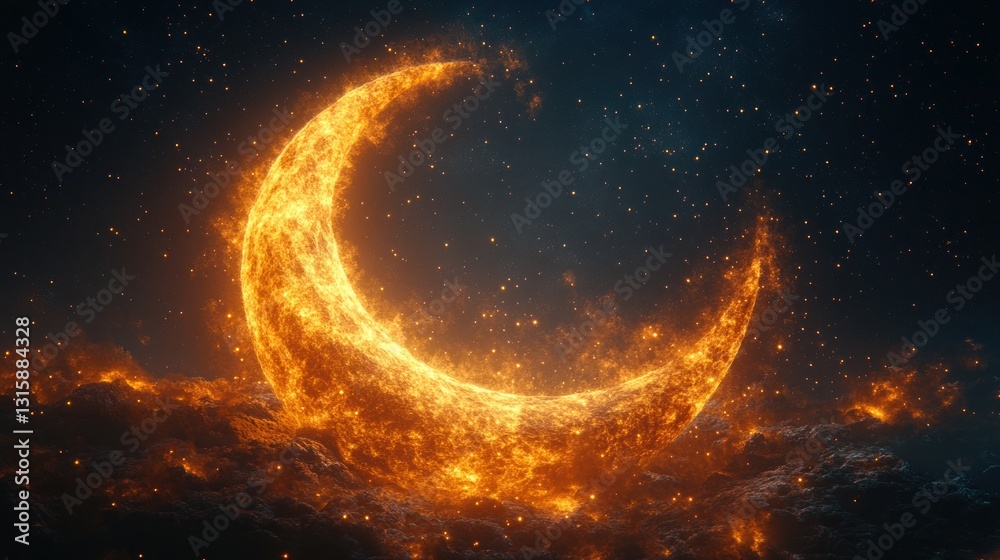 Obraz premium Fiery crescent moon rising above dark clouds in a starry night sky