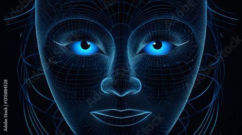 Stylized geometric pattern of interconnected shapes forms a futuristic face with glowing blue eyes and a subtle, mysterious smile on a dark background. photo