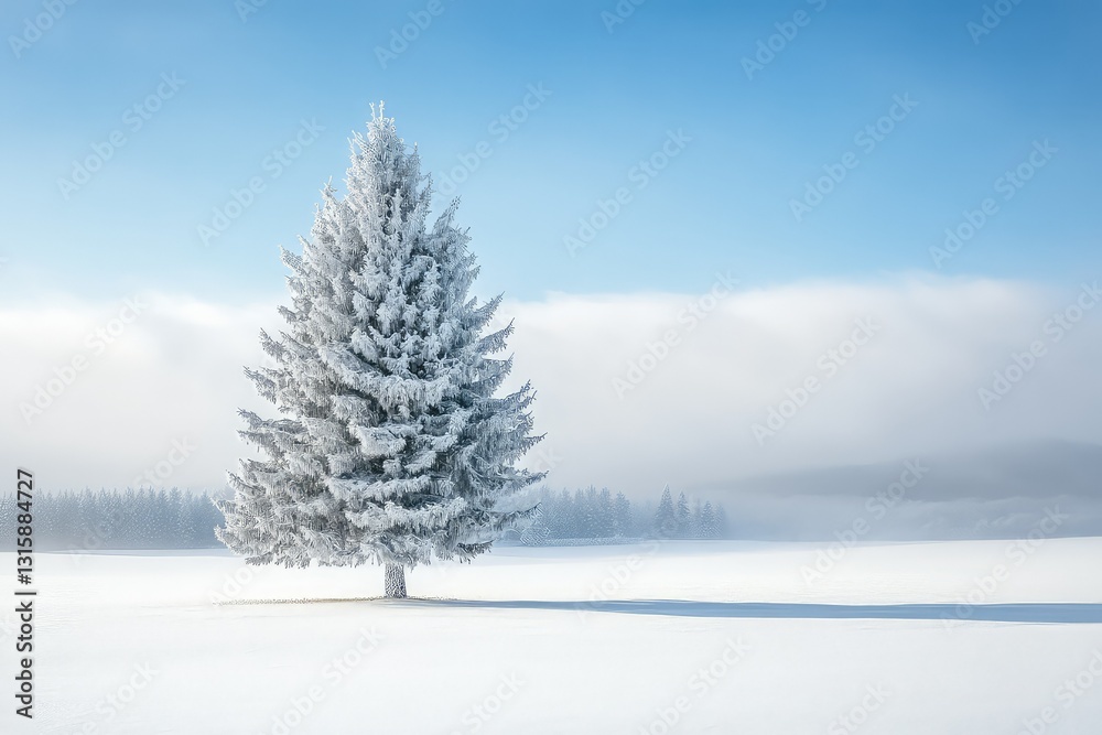 Fototapeta premium A single frosted pine tree in a vast snowy landscape, symbolizing resilience.