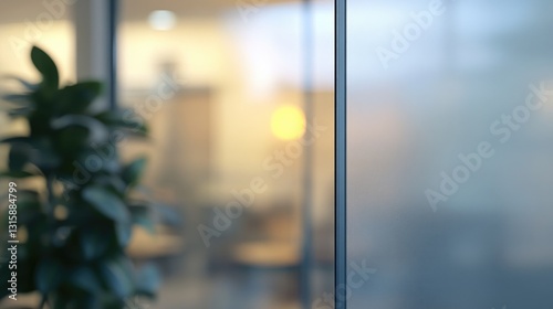 A blurry indoor view with frosted glass and greenery