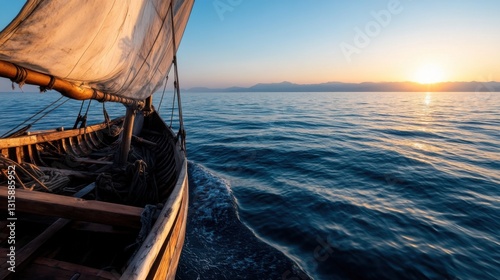 sailboat navigating the vast open sea at sunrise
