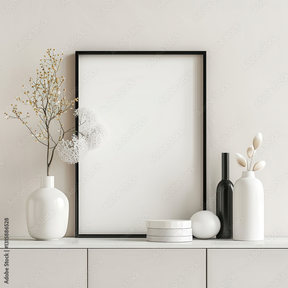 Minimalist mockup with a black frame on a white shelf with vases and dried flowers. ready for your design Minimalist mockup with a black frame on a white shelf with vases and dried flowers. ready for your design