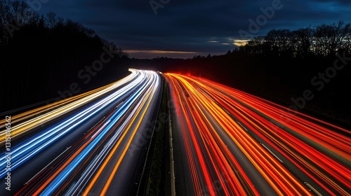 Streaks of Vehicle Lights Glowing on a Dual Highway at Twilight with Dark Clouds Overhead in an Urban Environment