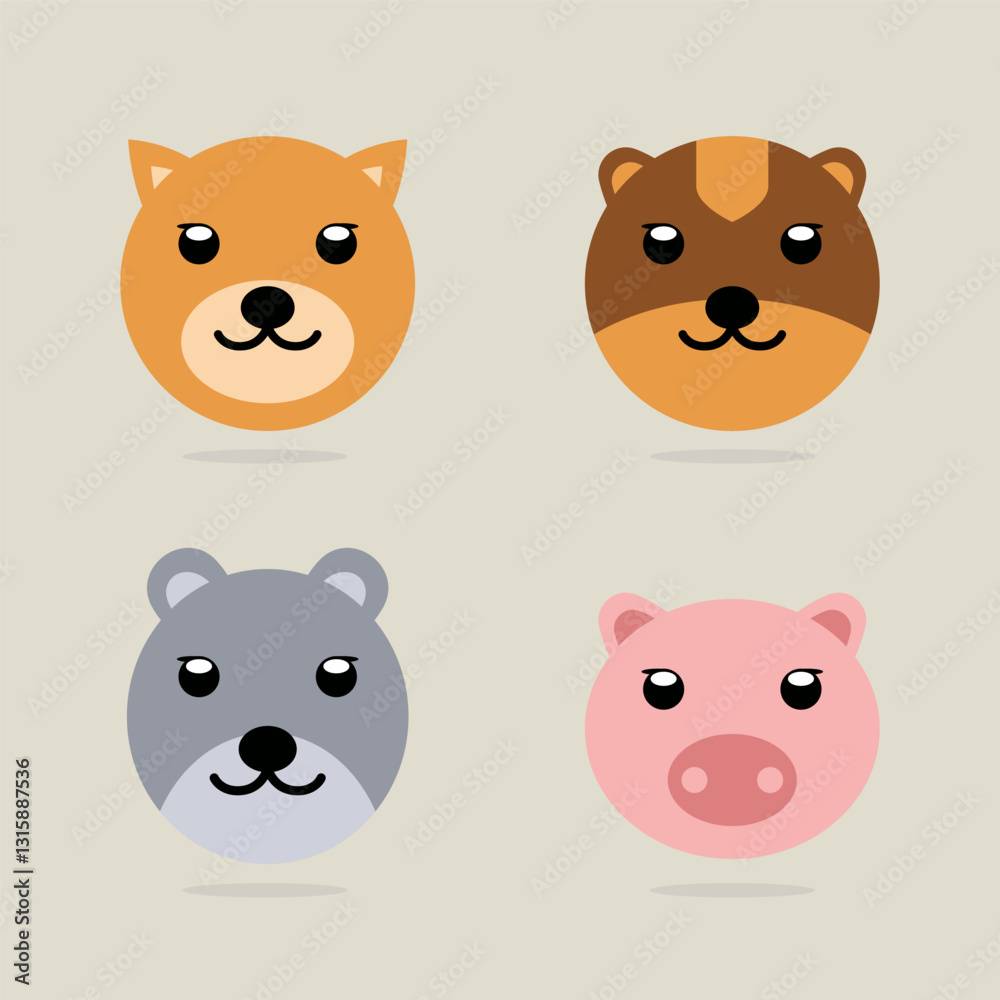 Cute animal faces on neutral background, digital design Cute animal faces on neutral background, digital design