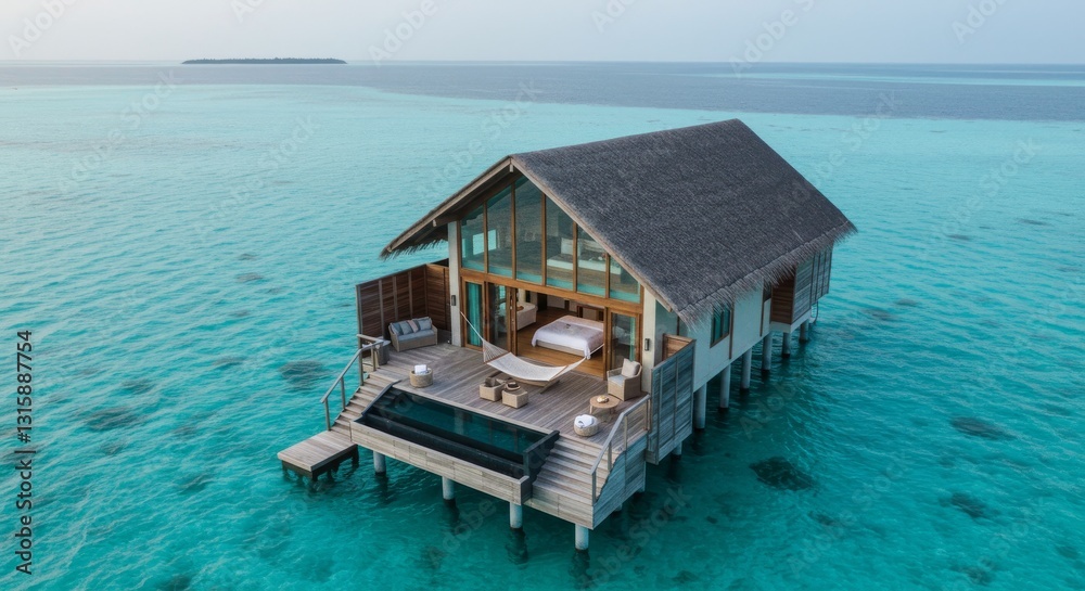 Fototapeta premium Luxury Overwater Bungalow with Hammock Overlooking Turquoise Ocean