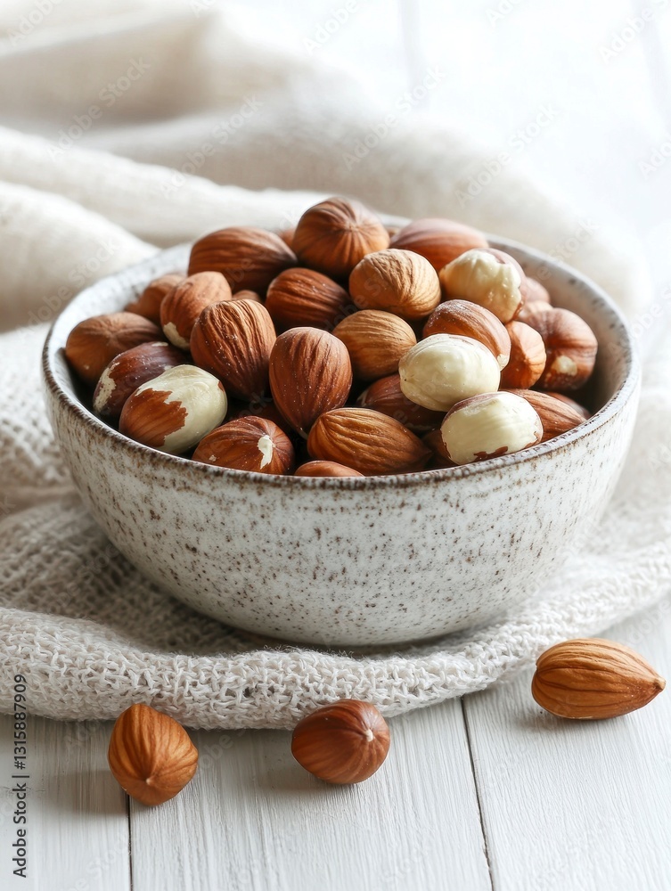 Assortment of Hazelnuts in a Bowl on a White Wooden Surface Assortment of Hazelnuts in a Bowl on a White Wooden Surface