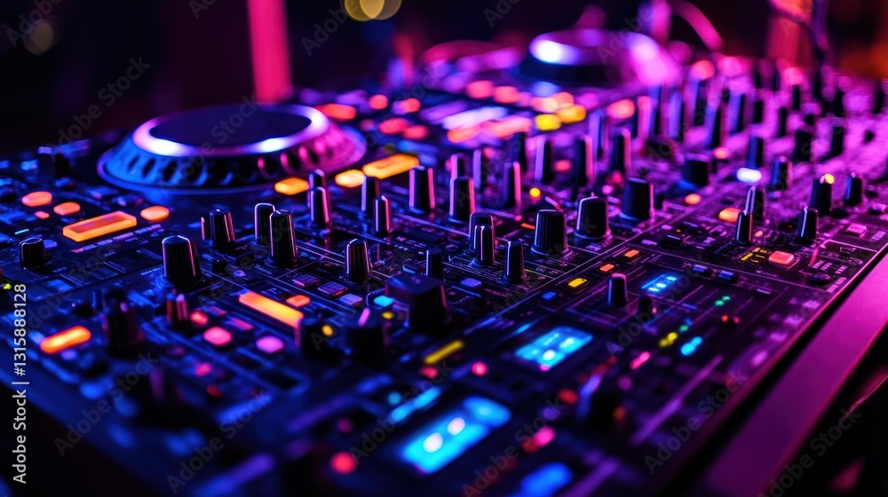 Fototapeta premium Illuminated DJ Mixer Board Capturing Vibrant Nightlife and Electronic Music