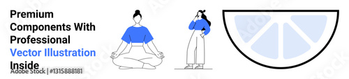 Two women in casual poses, one meditating while the other reflects accompanied by a modern lemon slice graphic. Ideal for health, wellness, mindfulness, balance, sustainability, content creation
