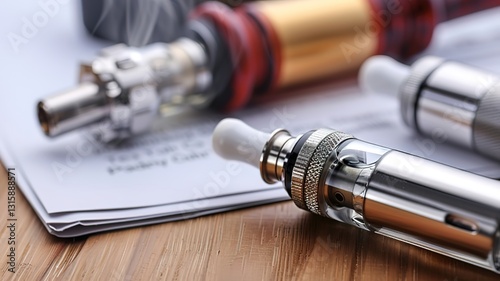 Close-up of a vape device on a wooden table with legal documents, symbolizing legal disputes and regulations in the vaping industry. Focused on modern e-cigarette technology and legal
