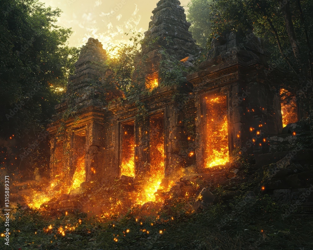 Fototapeta premium Ancient Temple Ruins Surrounded by Flames and Lush Greenery