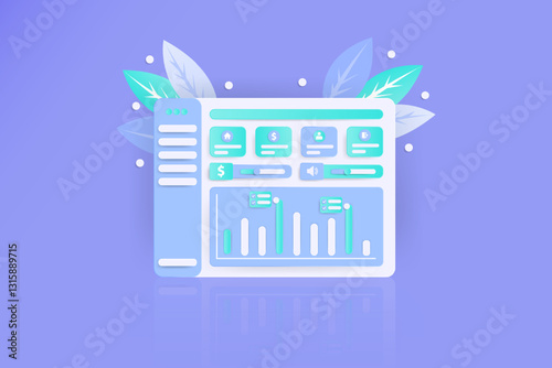 Dashboard displays finance data; leaves background; web design