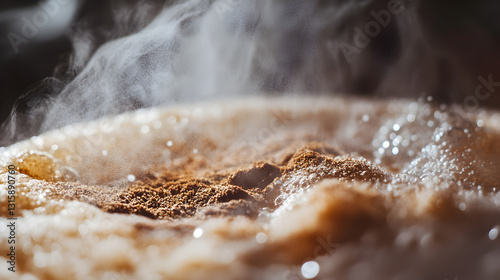 of steam rising from a cappuccino with rich frothy milk and cinnamon dusting 