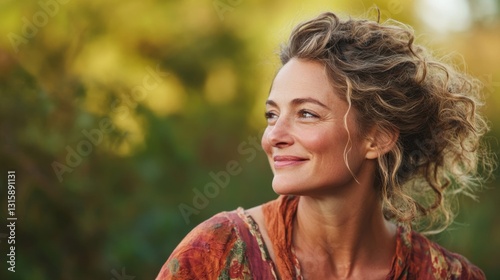 A bright and joyful moment as a woman smiles softly, surrounded by the warm glow of a golden sunrise, emanating peace and fulfillment.
