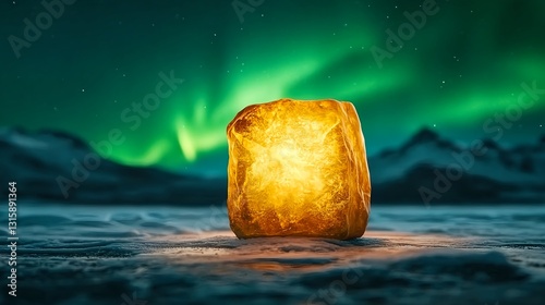 Golden Ice Cube Under Aurora Borealis