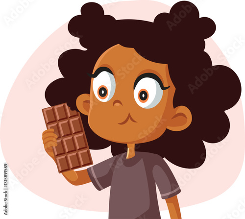 Little Girl Munching on Chocolate Vector Cartoon Illustration. Kid enjoying dessert eating a lot of chocolate 

