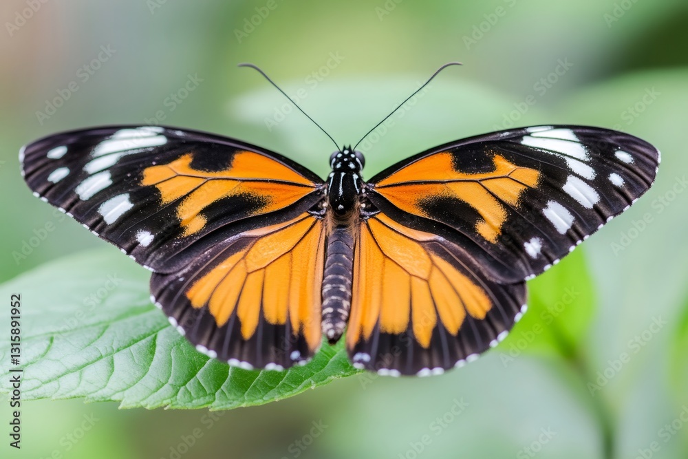 Fototapeta premium Orange and black common tiger butterfly resting on green leaf