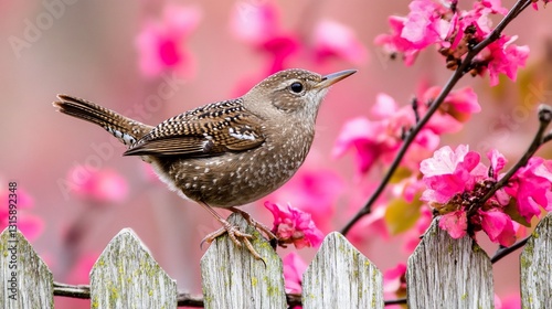 Wren perched on fence, spring blossoms, garden