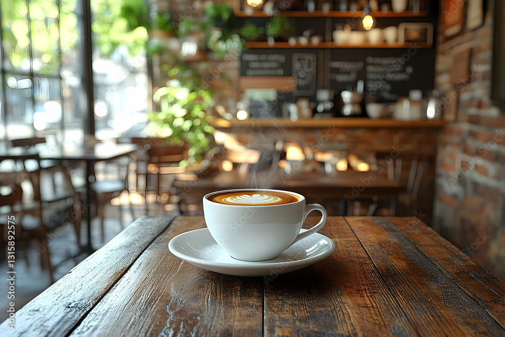 Steaming latte art in a white cup sits on a rustic wooden table in a cozy cafe setting. Sunlight streams in from the background Steaming latte art in a white cup sits on a rustic wooden table in a cozy cafe setting. Sunlight streams in from the background
