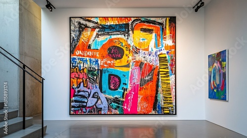 Vibrant abstract art piece displayed in a modern gallery. photo