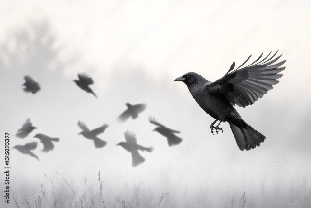 Obraz premium Black crow flying over misty field with other crows in the background