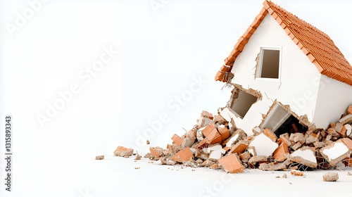Pixelated House Crumbling Into Debris