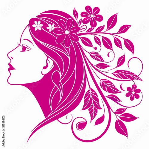 A woman’s face in profile with flowers and leaves integrated into the design.