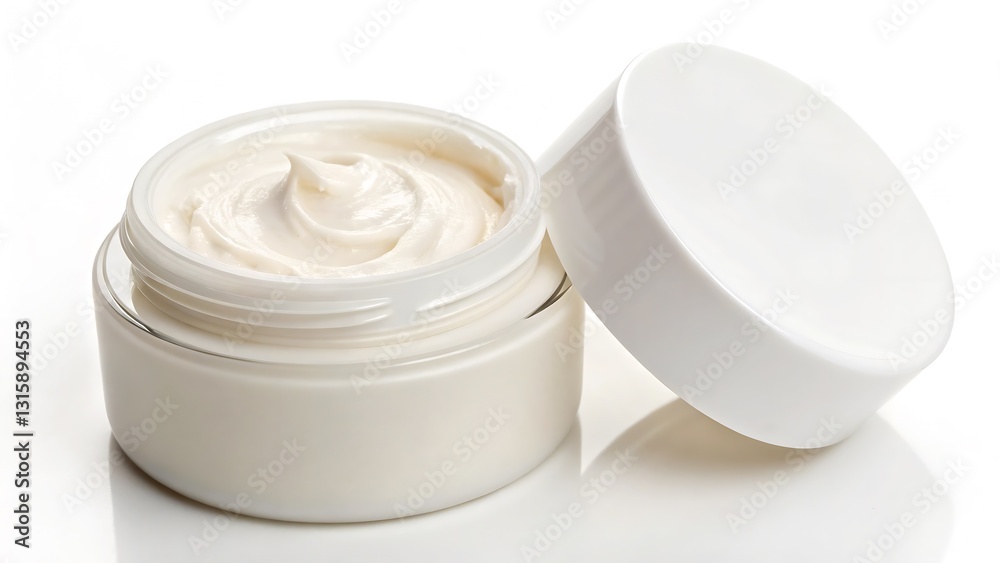Face Cream Jar with White Lid and Soft Cream Texture Smear, Isolated on a White Background, High-Resolution Skincare Product Ideal for skincare product branding, cosmetic marketing, and premium beauty Face Cream Jar with White Lid and Soft Cream Texture Smear, Isolated on a White Background, High-Resolution Skincare Product Ideal for skincare product branding, cosmetic marketing, and premium beauty