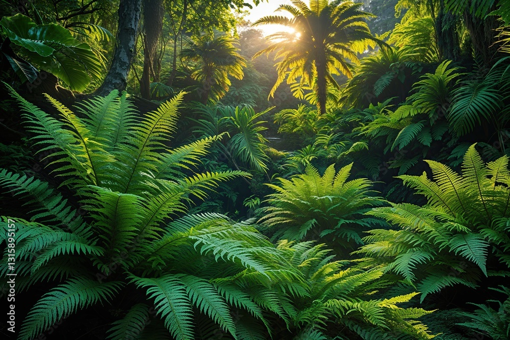 Fototapeta premium Exotic Ferns in a Lush Jungle at High Noon for Vibrant Natural Beauty