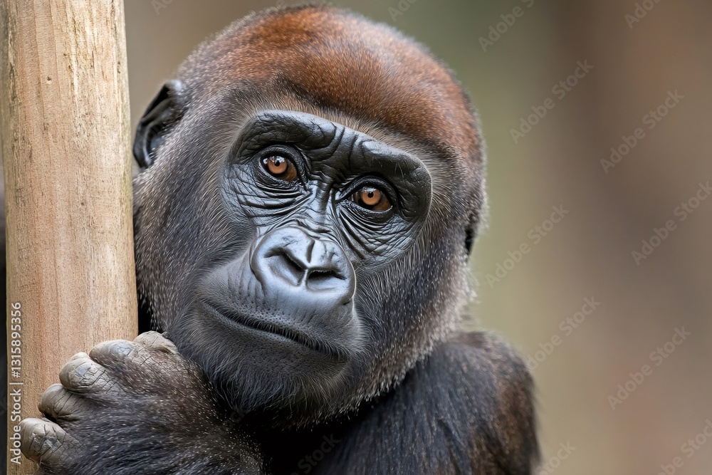 Obraz premium Western lowland gorilla holding wooden pole and looking pensive