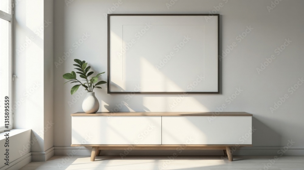 Fototapeta premium Minimalist Interior Design A Modern White Cabinet with a Framed Canvas and Greenery