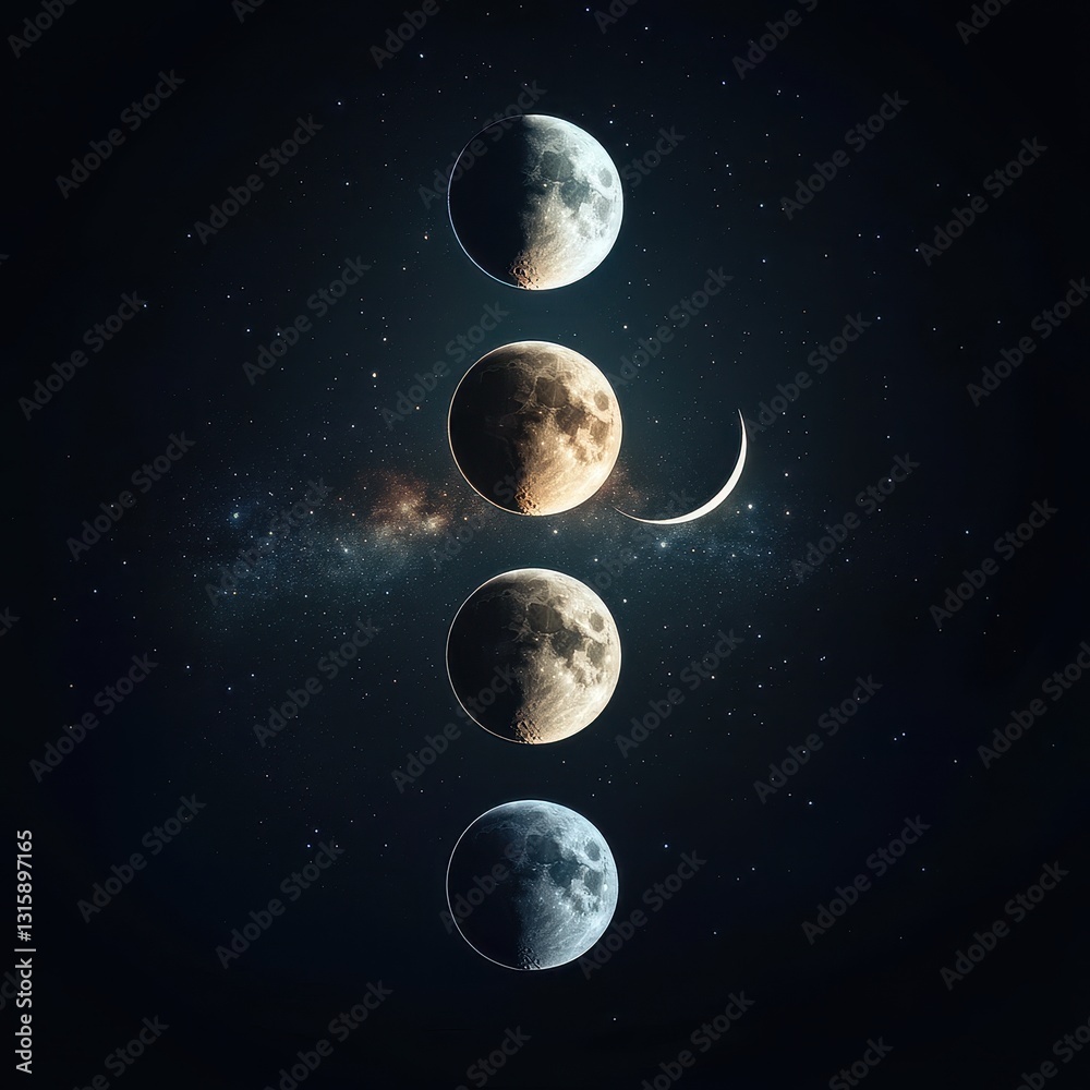 Fototapeta premium 08030846 39 Majestic cosmic transition, moon phases shifting seamlessly between full and crescent, cinematic lighting, constellations elegantly designed.