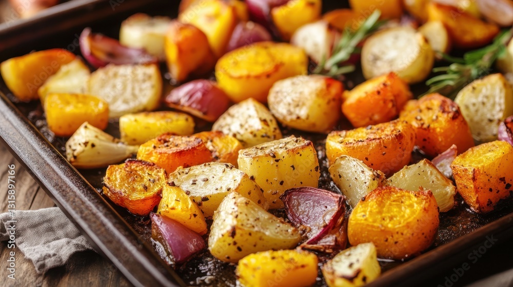Roasted root vegetables, seasoned with herbs, on a baking tray. Perfect for autumnal recipes and healthy side dishes. Roasted root vegetables, seasoned with herbs, on a baking tray. Perfect for autumnal recipes and healthy side dishes.