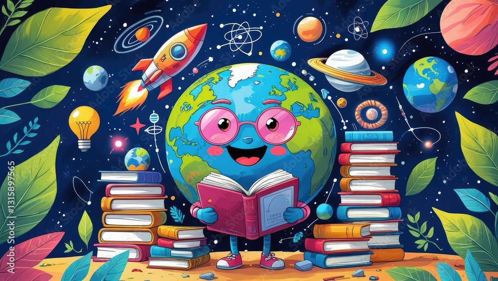 Obraz premium World Book Day Celebration - A Cute Earth Reading a Book