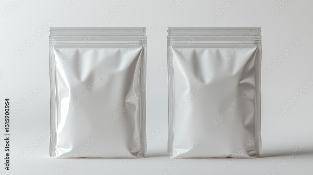 Two blank white stand-up pouches with zippers. Perfect for showcasing product designs or mockups.