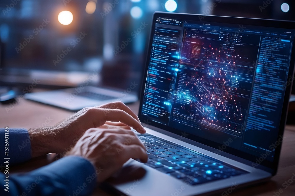 Software engineer working late at night developing futuristic innovative software Software engineer working late at night developing futuristic innovative software