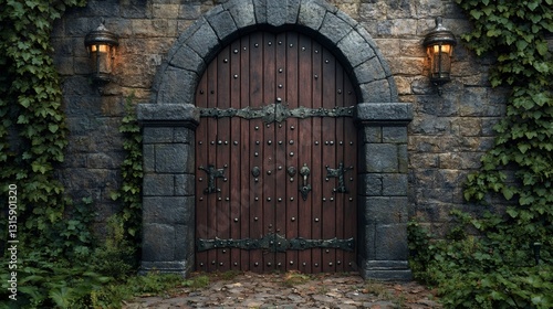 Large wooden door of an old fantasy castle illuminating the entrance