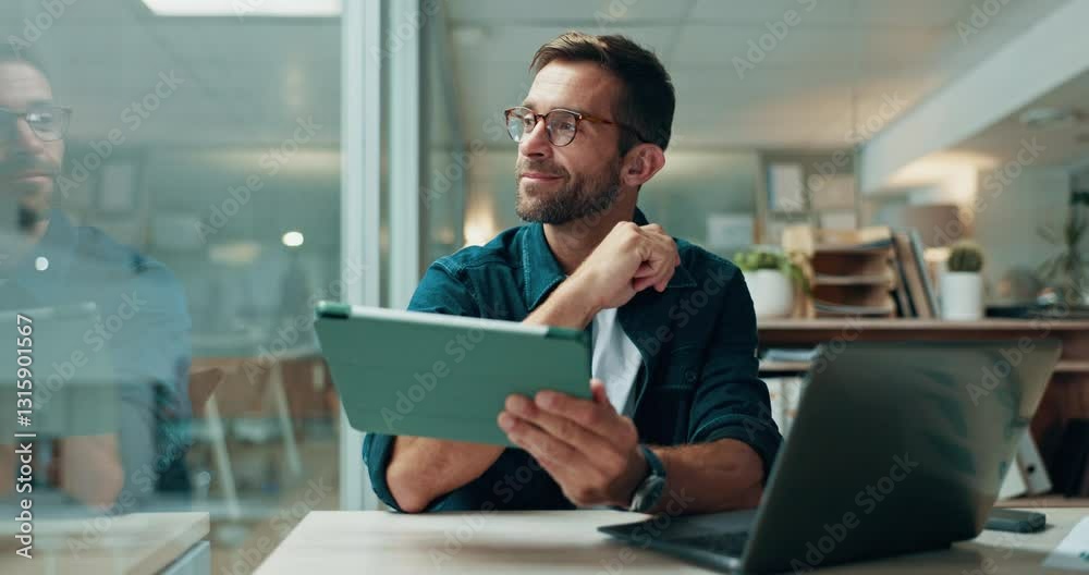 Accounting, tablet and thinking with business man at desk in office for finance or planning. Audit, laptop and reading with financial employee in workplace for bookkeeping or online tax review Accounting, tablet and thinking with business man at desk in office for finance or planning. Audit, laptop and reading with financial employee in workplace for bookkeeping or online tax review