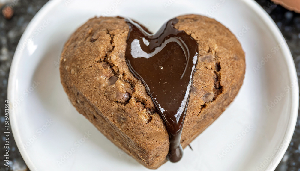 Heart-shaped homemade chocolate cookie, fresh from the oven, with melted bitter chocolate at home background Heart-shaped homemade chocolate cookie, fresh from the oven, with melted bitter chocolate at home background
