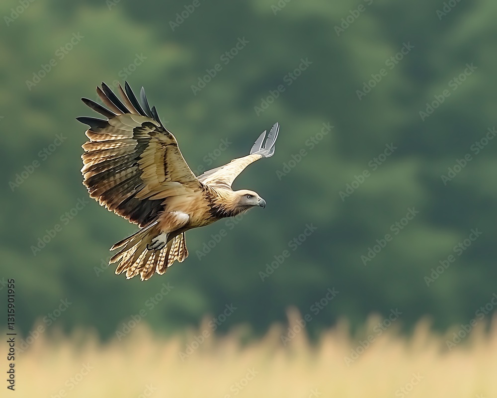Hawk soaring meadow, forest backdrop Hawk soaring meadow, forest backdrop