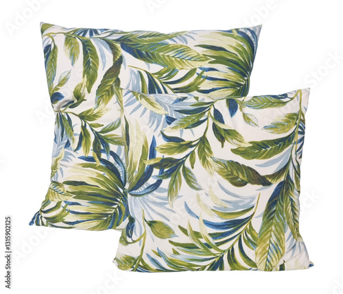 two tropical leaf pattern pillows isolated on background with clipping path. Green and blue botanical design cushions, square decorative pillow cases. Jacquard fabric texture, home decor equipments.