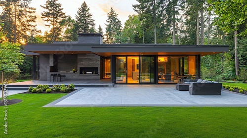 Elegant home with patio and outdoor kitchen under soft sunset glow, serene and inviting atmosphere.