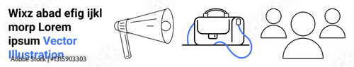 Black outlined megaphone, briefcase, and three people icons in minimalist linear style. Ideal for marketing, business, teamwork, communication, advertising, company profiles, productivity. Landing