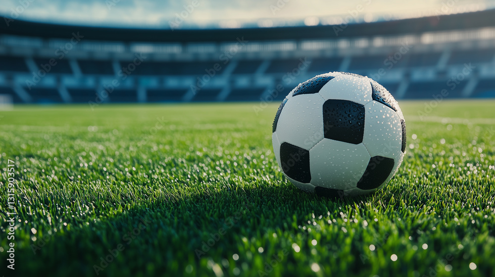 Obraz premium 水滴がきらめく真新しいサッカーボールと美しい競技場 | 爽やかな朝