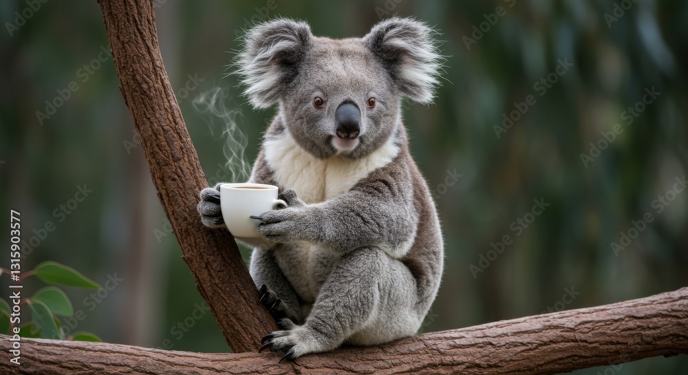 Naklejka premium A sleepy koala enjoying a morning cup of tea while perched on a tree branch, as if starting its day after a long nap, evoking a sense of calm and cutenes