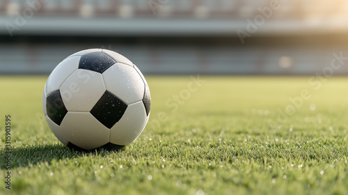 太陽の光が美しく当たる高級サッカーボールと完璧な芝生 | 黄金色の光
