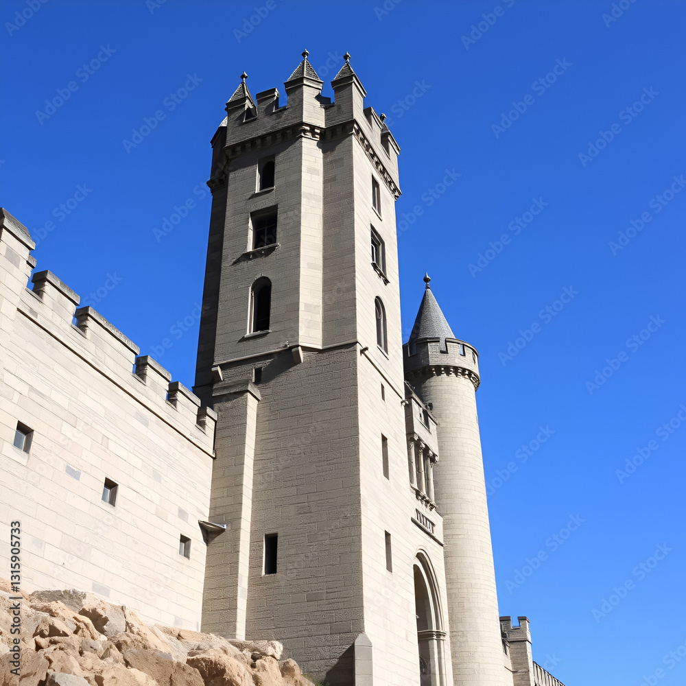 Obraz premium Stone Fortress: A majestic stone castle with towering turrets and intricate details stands against a clear blue sky. Its ancient walls whisper tales of bygone eras and forgotten heroes.