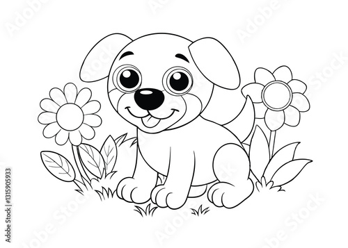 Cute cartoon puppy in a flower garden, ready for coloring.